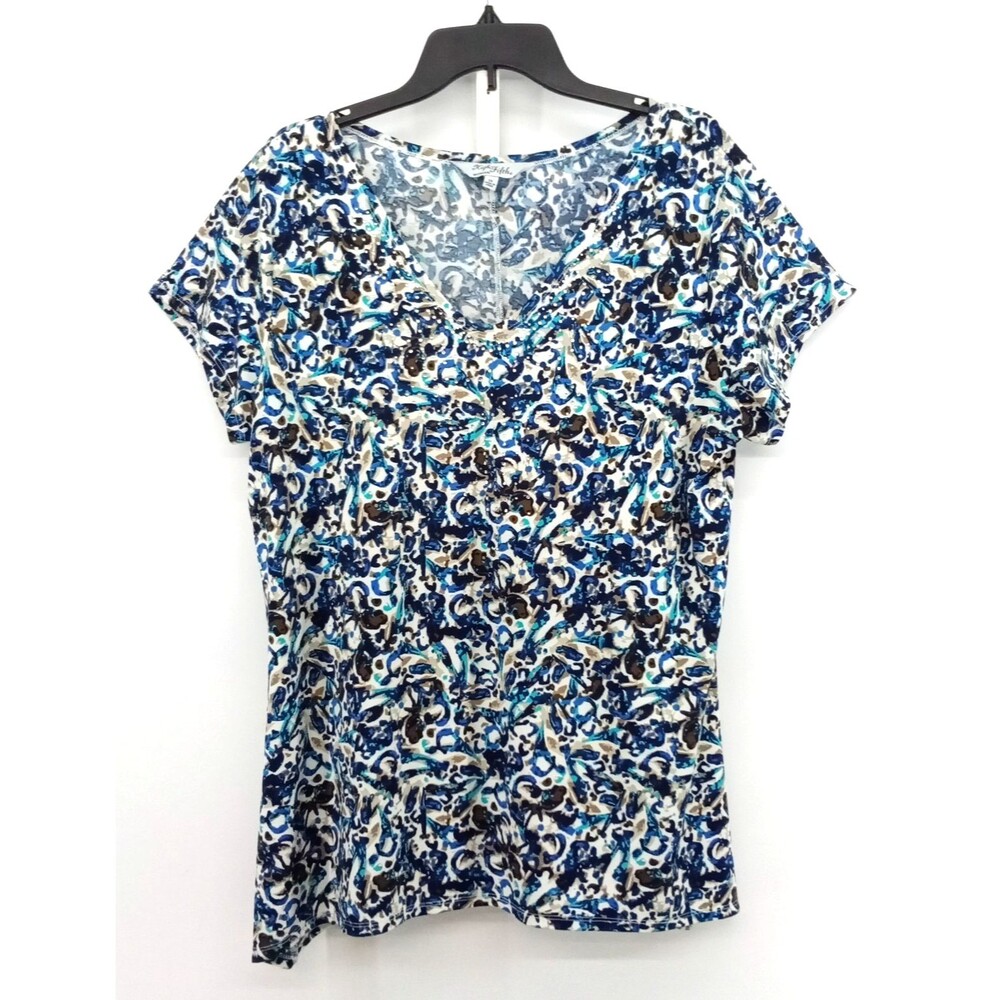 High Fifth Blouse Women Plus Size 1X Blue Beaded Abstract Print Short Sleeve Top